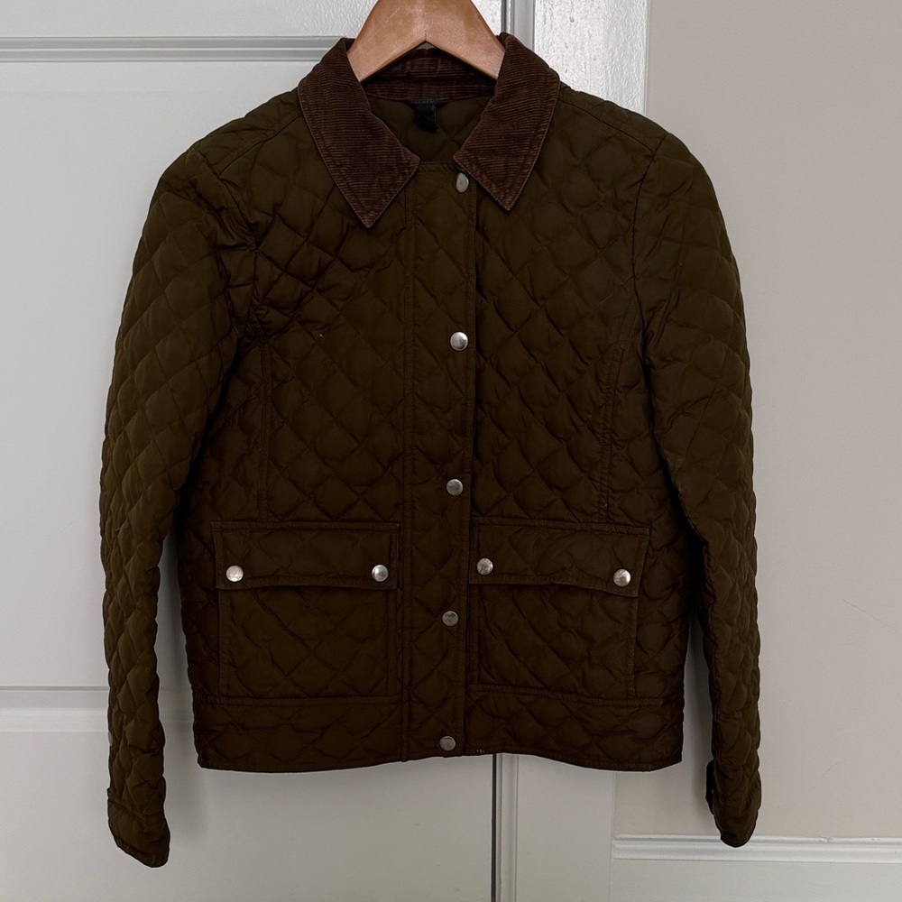 J. Crew Quilted Dark Green Jacket with Brown Corduroy Collar